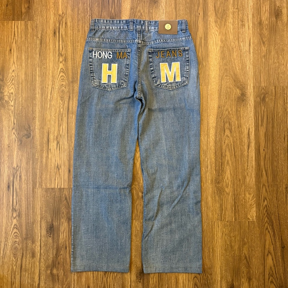 Vintage Blue Wash Denim Hong Ma Wang Zi Embroidered Asian Chinese Jeans